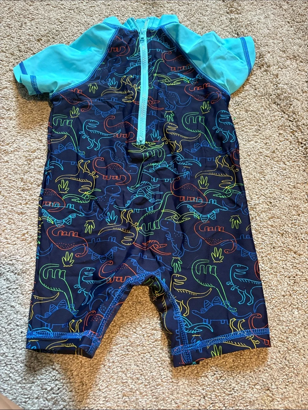 Little Me Kids Short-Sleeve Rash Guard Swimsuit - Navy Dino with Aqua Sleeves